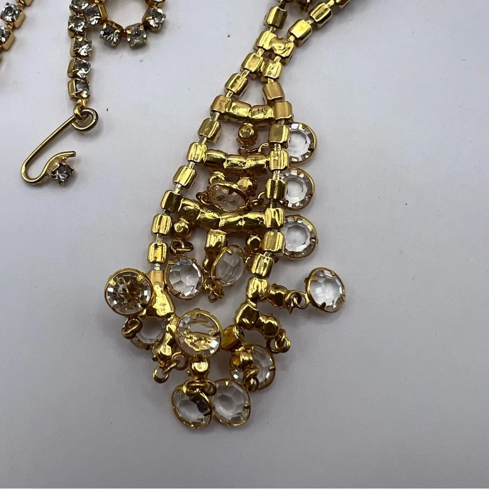 Spectacular Sparkling Crystal Dangled & Rhinestone Necklace Gold Tone Setting - Picture 5 of 8